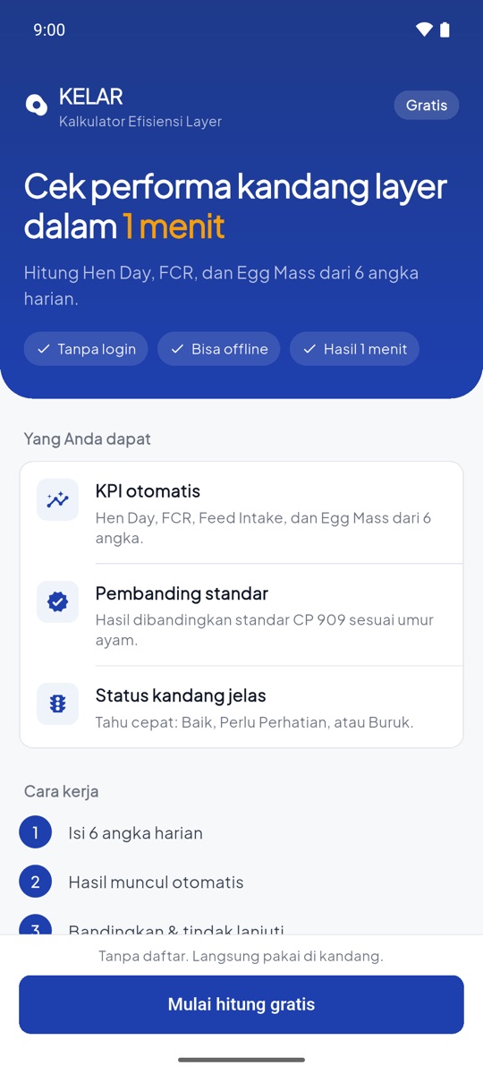Tampilan awal aplikasi KELAR: Cek performa kandang layer dalam 1 menit, dengan tombol Mulai hitung gratis.