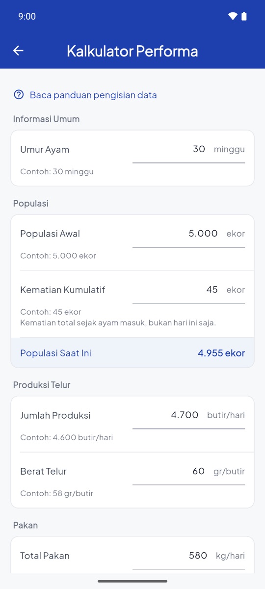Form Kalkulator Performa berisi umur ayam 30 minggu, populasi awal 5.000 ekor, kematian kumulatif 45 ekor, dan produksi 4.700 butir per hari.